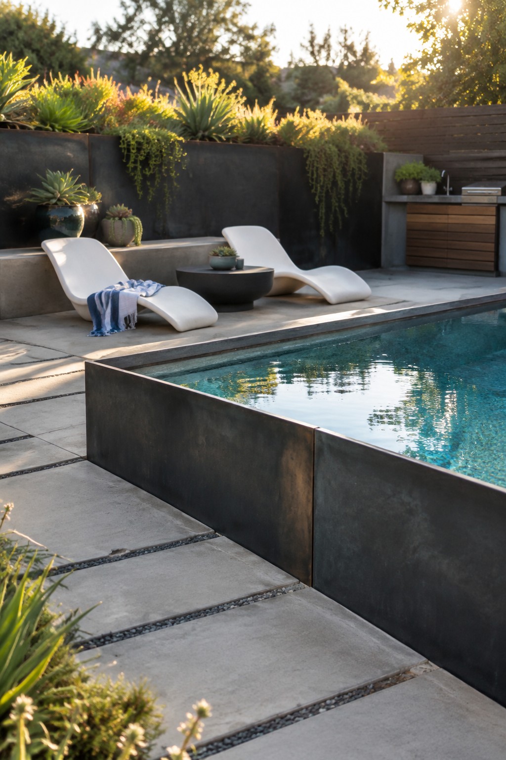 A rectangular above-ground pool with thick dark walls is surrounded by large light gray concrete pavers, two white lounge chairs on a raised concrete platform, a small round table, and potted plants along a dark wall.