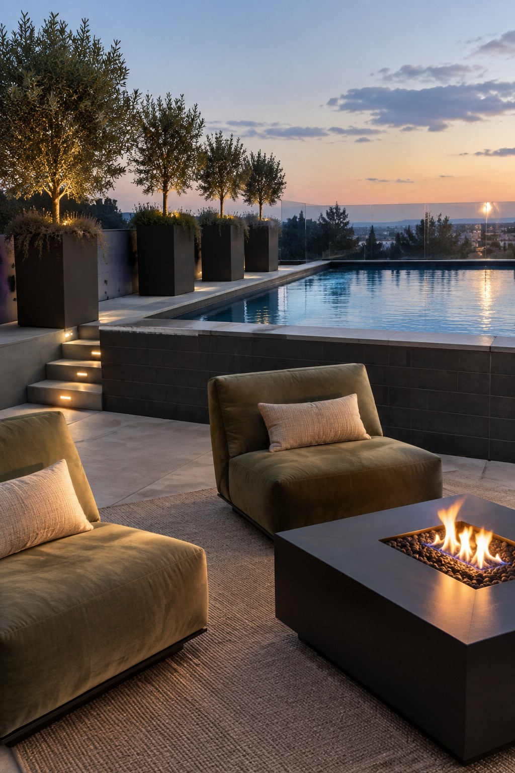 Modern rooftop patio with green lounge chairs, fire pit, and infinity pool at dusk