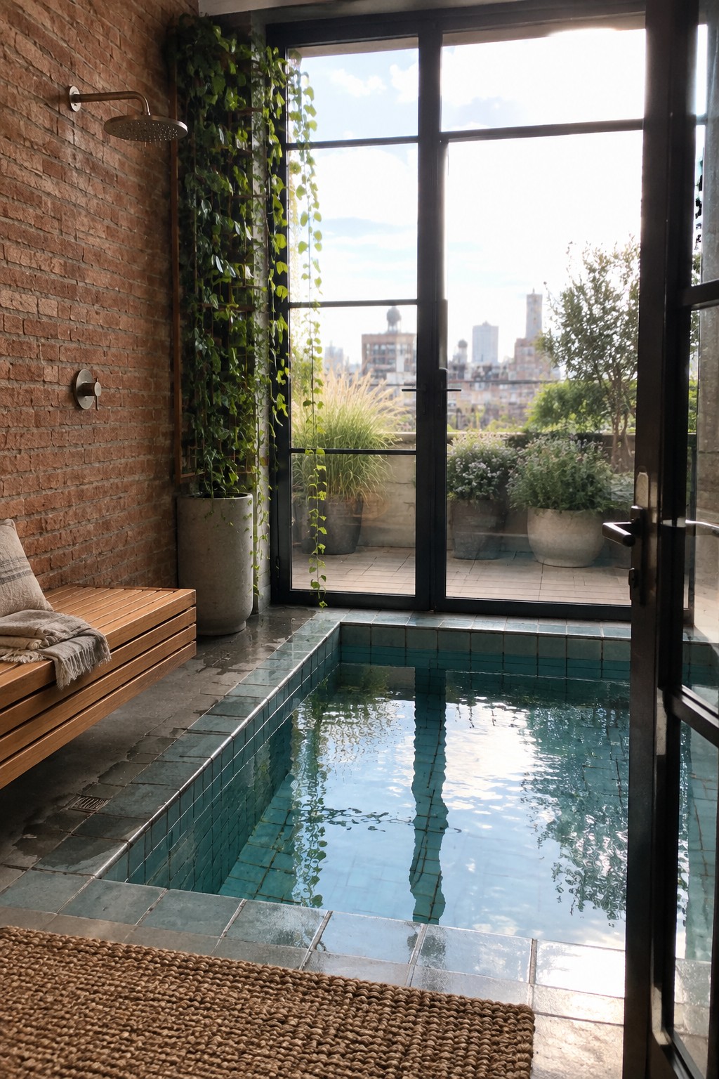 16 Serene Indoor Plunge Pool Ideas for Residential Spaces An indoor plunge pool with teal tiles next to a brick wall featuring a mounted shower head and a wooden bench with a folded towel, with large glass doors open to an outdoor terrace.