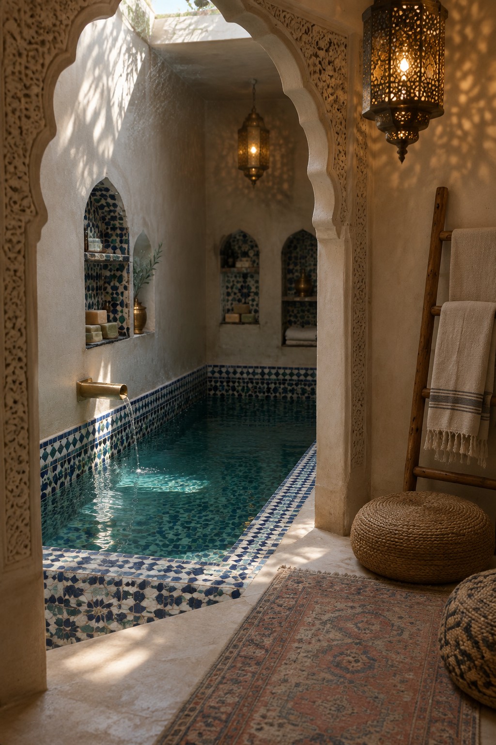 16 Serene Indoor Plunge Pool Ideas for Residential Spaces An indoor plunge pool with blue and white mosaic tile borders, arched wall niches holding bath items, and hanging metal lanterns in a light-colored room.