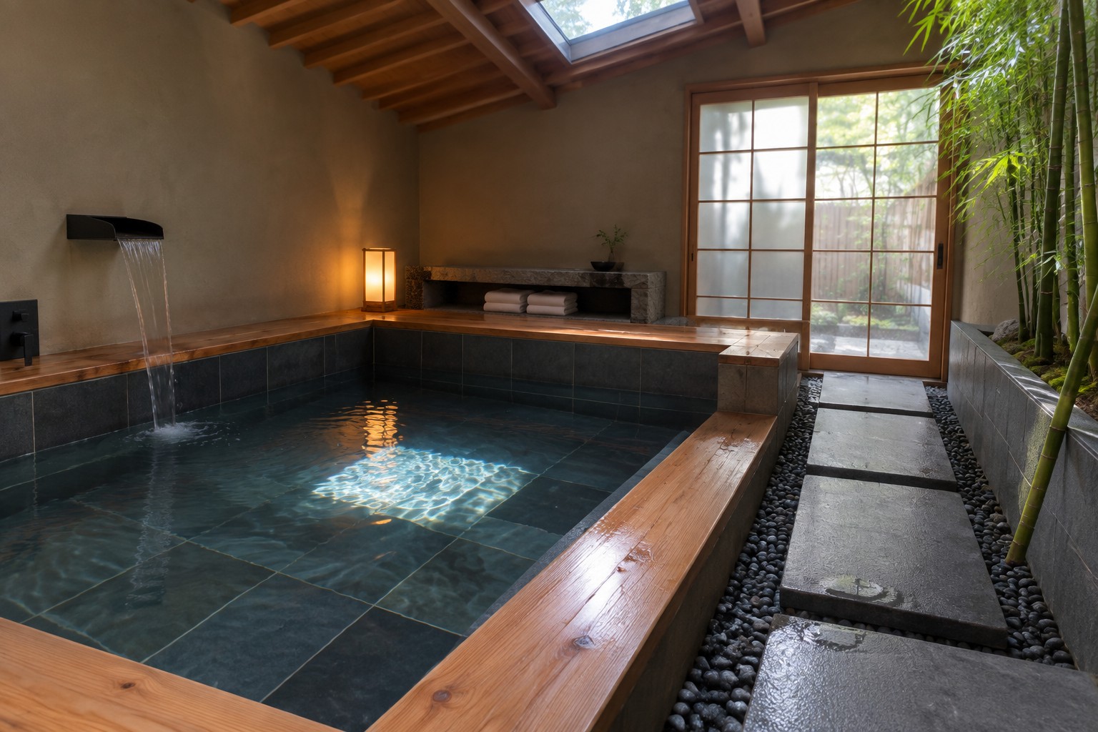 An indoor plunge pool with dark stone tiles, wooden platforms, a wall-mounted waterfall spout, and a skylight in the ceiling.