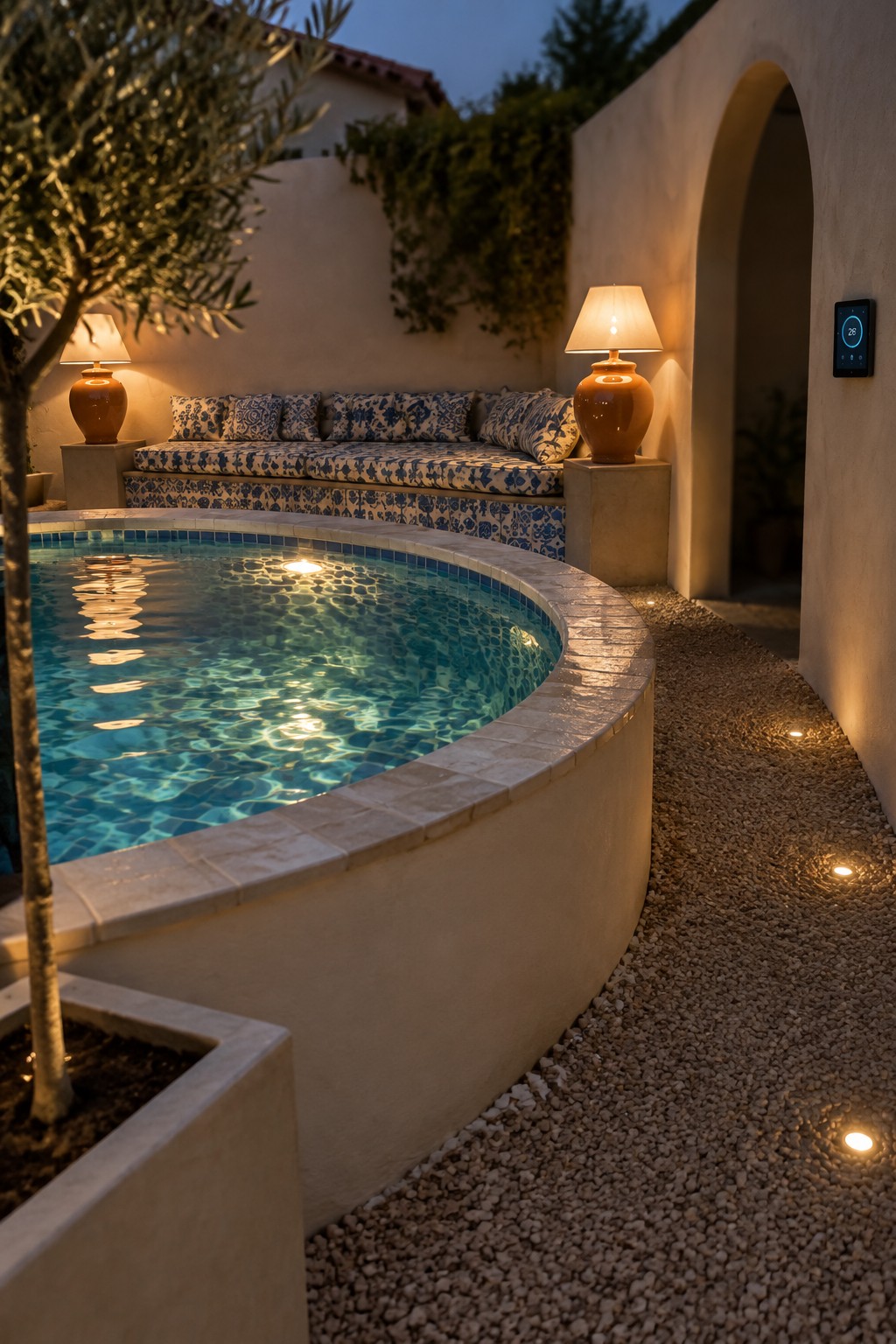 A curved above-ground pool lit at dusk with two ceramic lamps on stone bases beside it, small path lights in the gravel, and a tiled bench with cushions in the background.