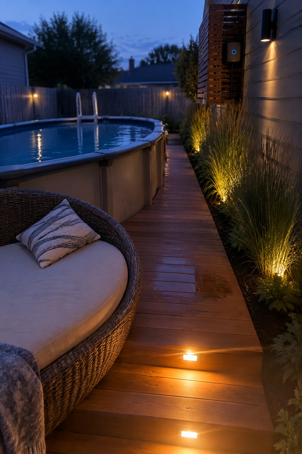 An above ground pool at dusk with a wooden deck path that has low recessed lights on the steps and ground lights illuminating plants along the side.