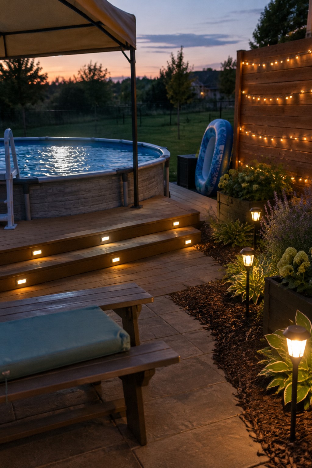 Twilight backyard with lit pool deck, glowing steps, string lights and garden.