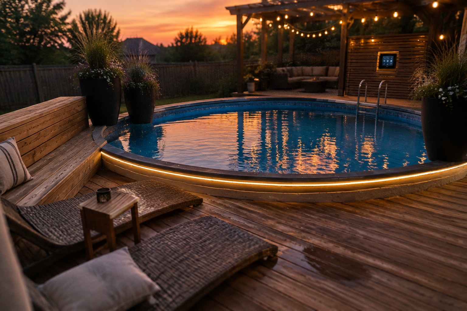 Twilight scene of glowing pool on wooden deck with string lights and lounge chairs