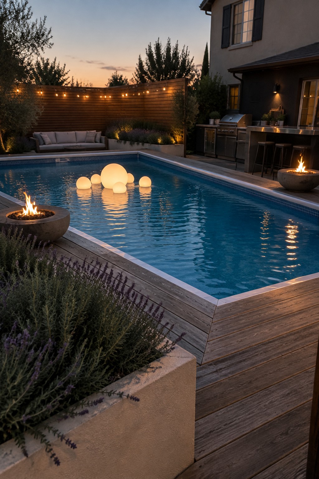 A rectangular swimming pool at dusk with several glowing spherical lights floating on the water, wooden decking, and two fire bowls on either side.