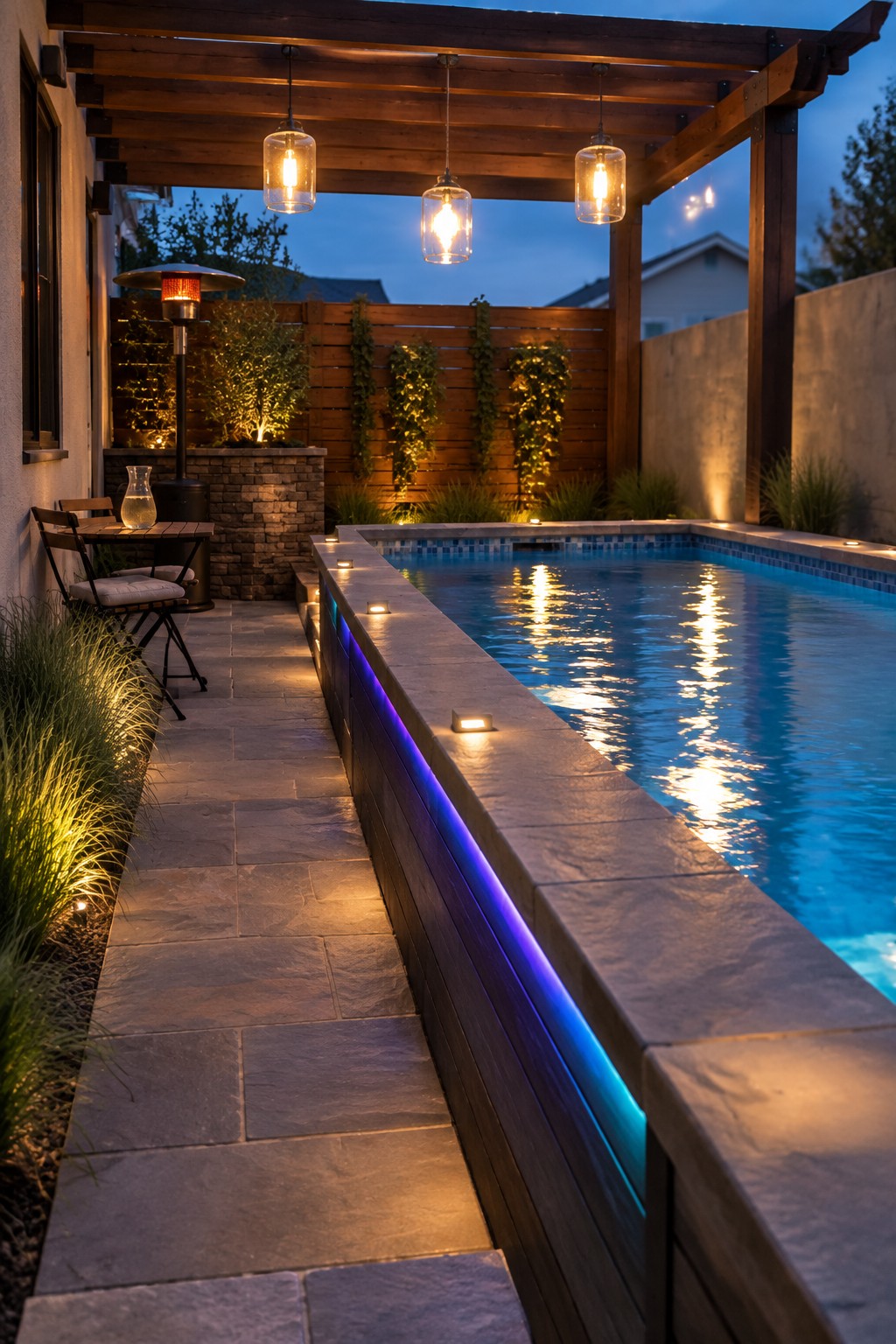 A backyard pool at dusk with three glass pendant lights hanging from a wooden pergola and blue LED strip lighting along the pool wall.