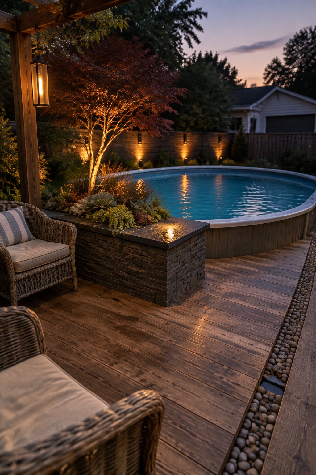 Wooden deck with round pool, wicker chairs, stone planter, and glowing tree at dusk
