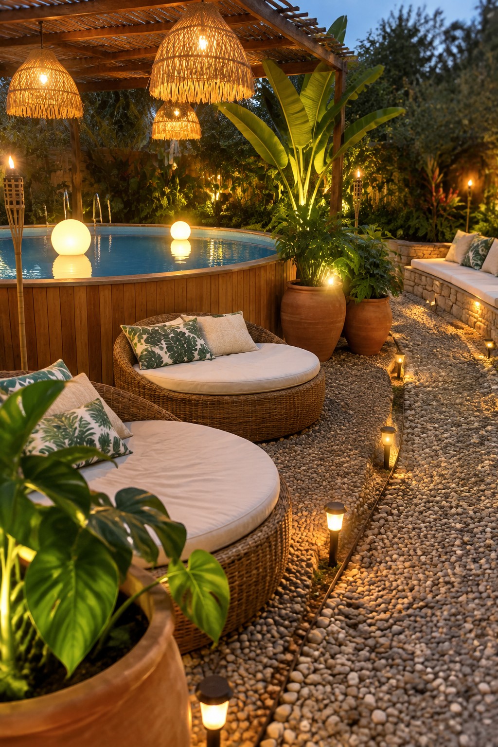 Twilight tropical patio with round pool, wicker daybeds, woven lanterns, and pebble path.