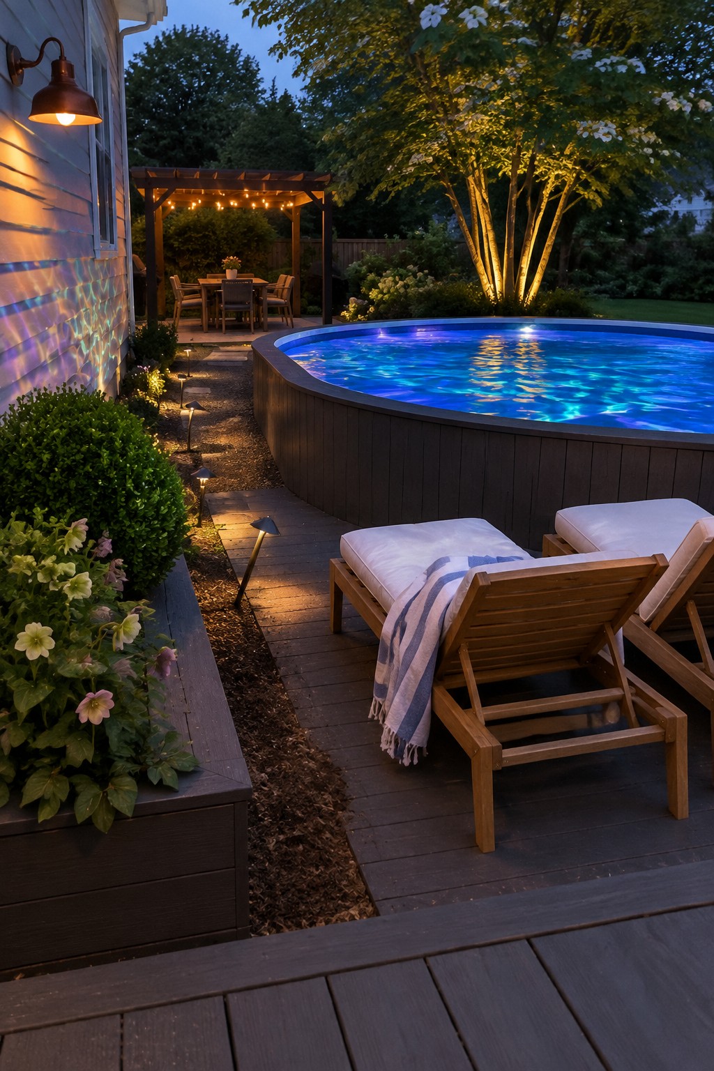 Wooden lounge chairs on a deck beside a glowing blue circular pool at dusk.