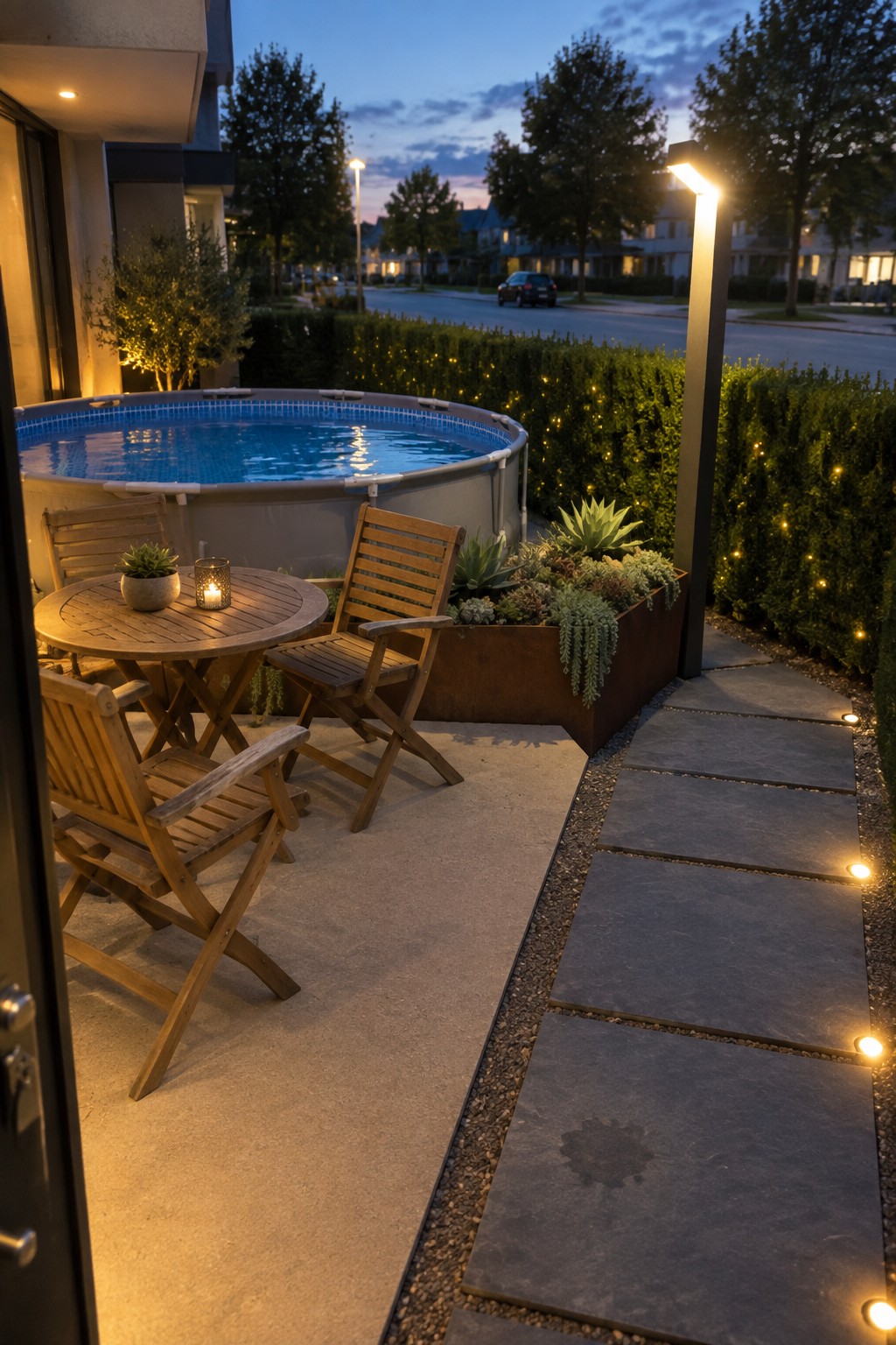 An above-ground pool beside a concrete patio with wooden furniture, a metal planter, and a stone pathway lined with small ground lights at dusk.