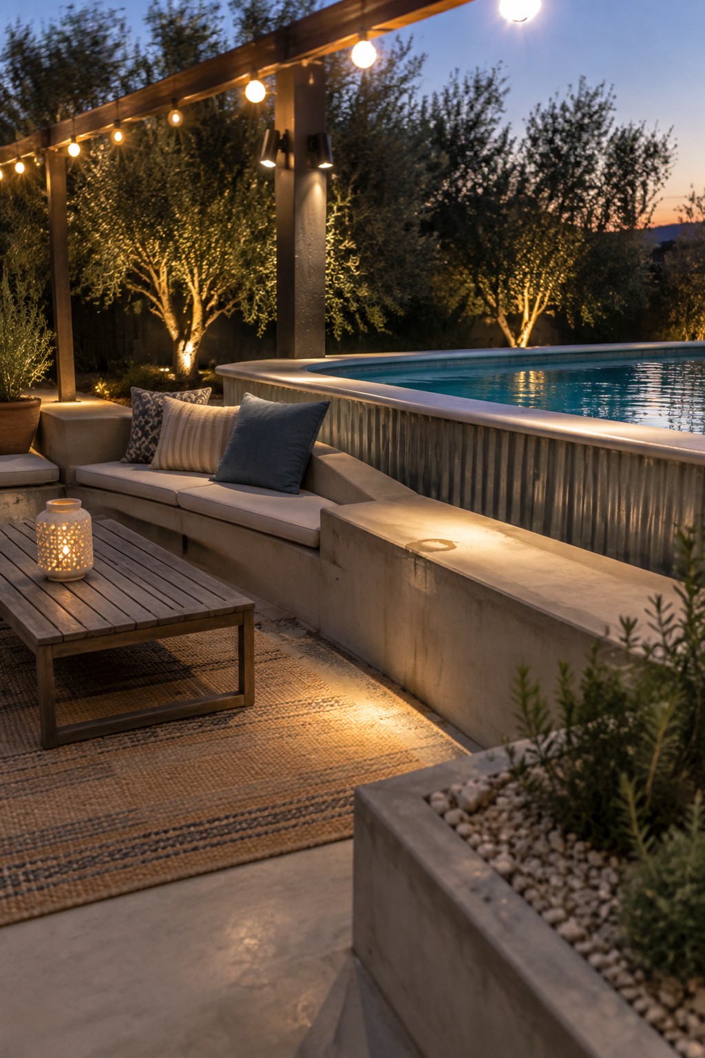 Evening patio with concrete bench seating, wooden table, pool, and glowing string lights