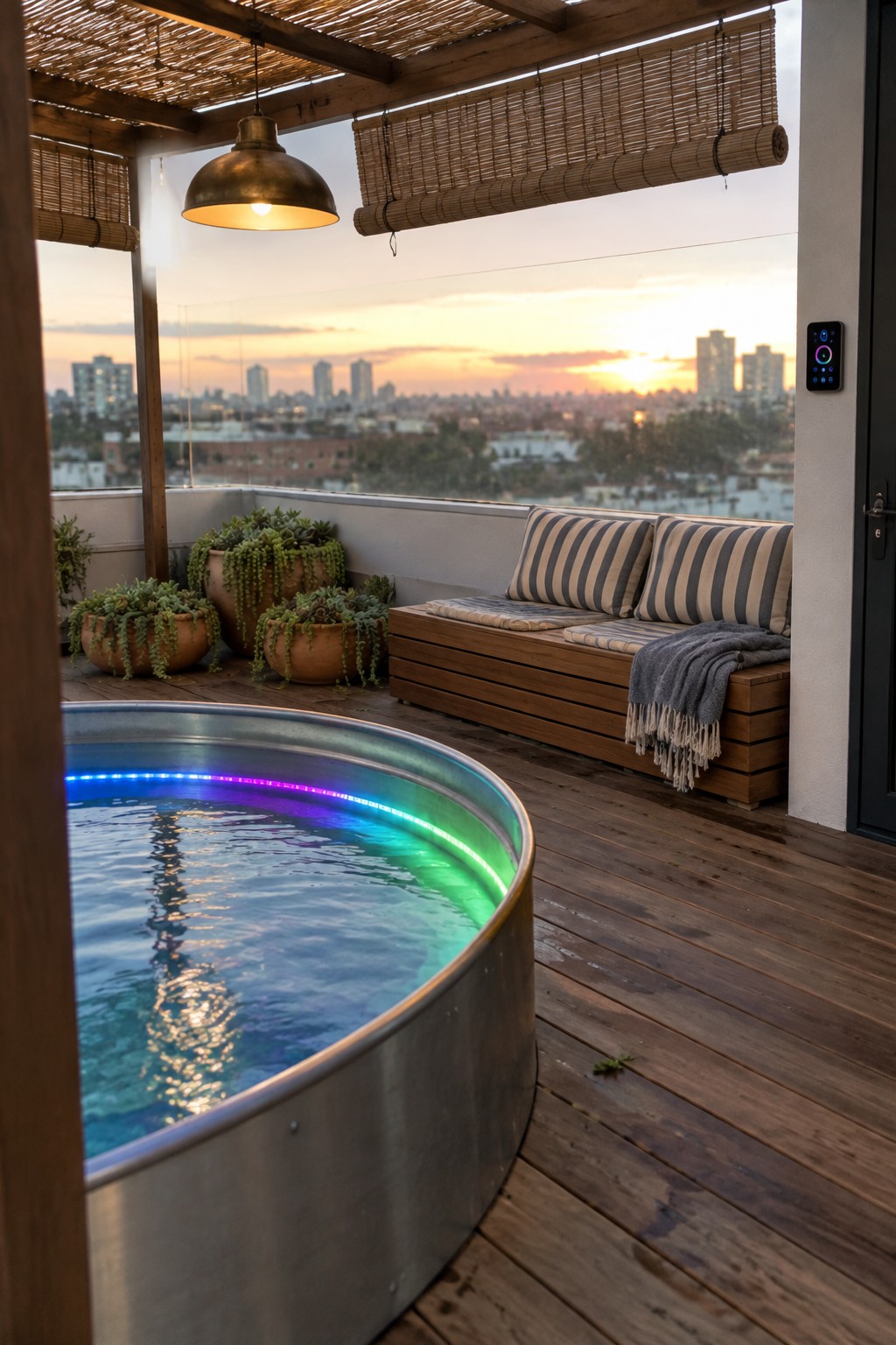 Rooftop deck with illuminated round hot tub, striped bench, and city sunset view