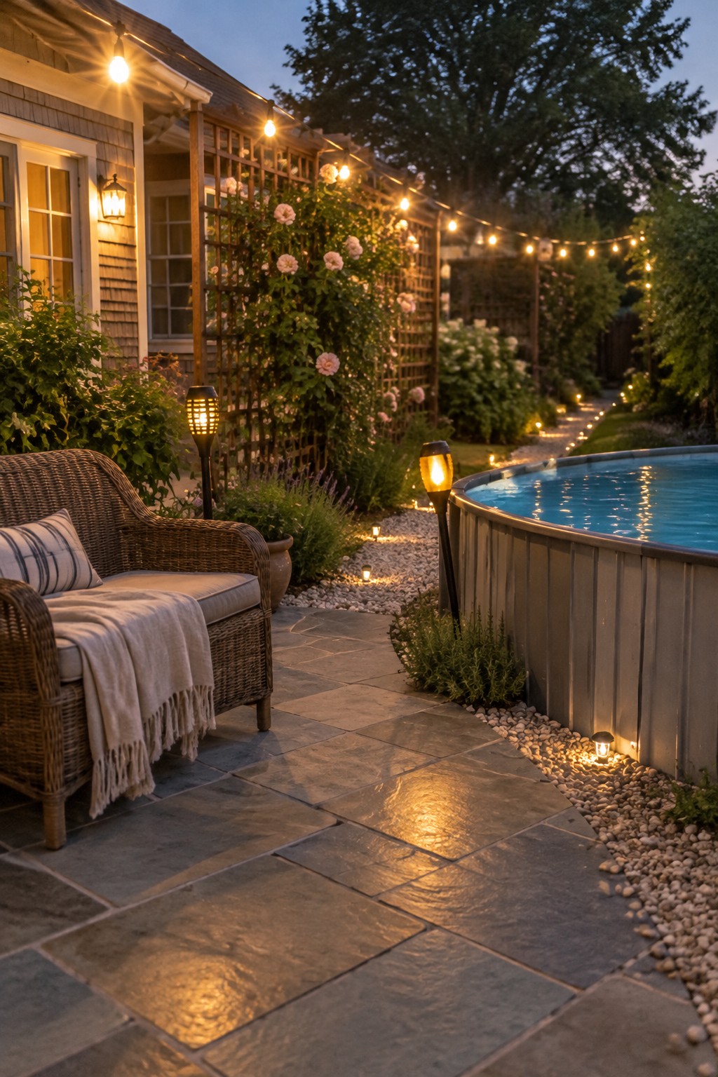 An above-ground pool on a stone patio at dusk with string lights overhead, path lights along the gravel edge, and a wicker sofa with a blanket on the left.