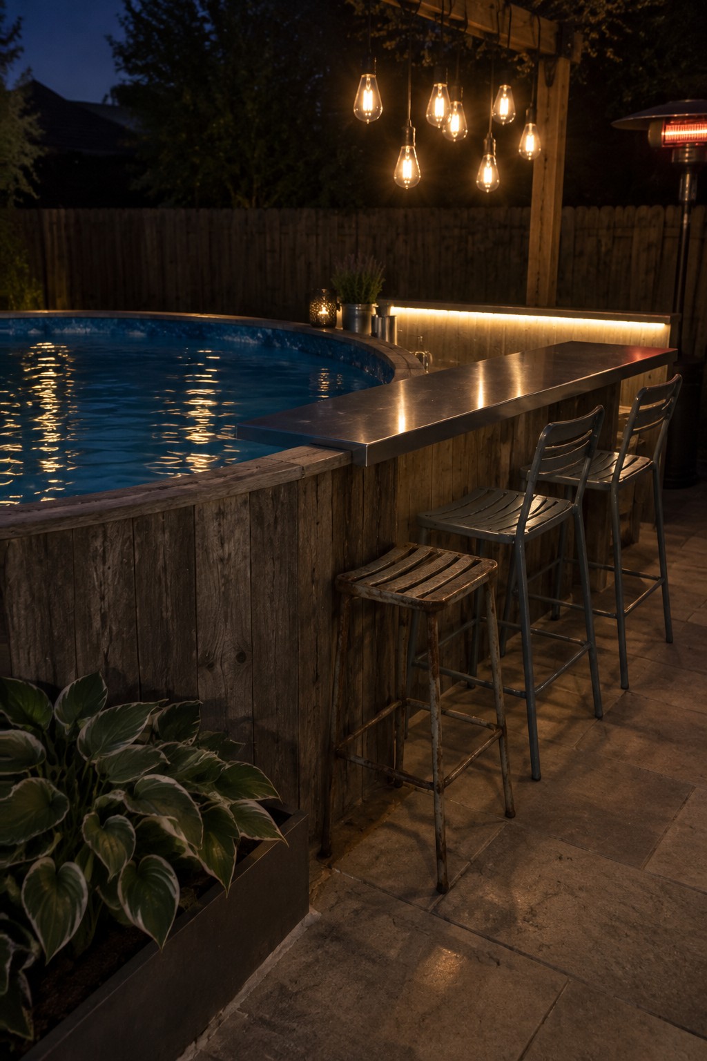 Nighttime poolside bar with hanging lights, metal stools, and glowing heater.