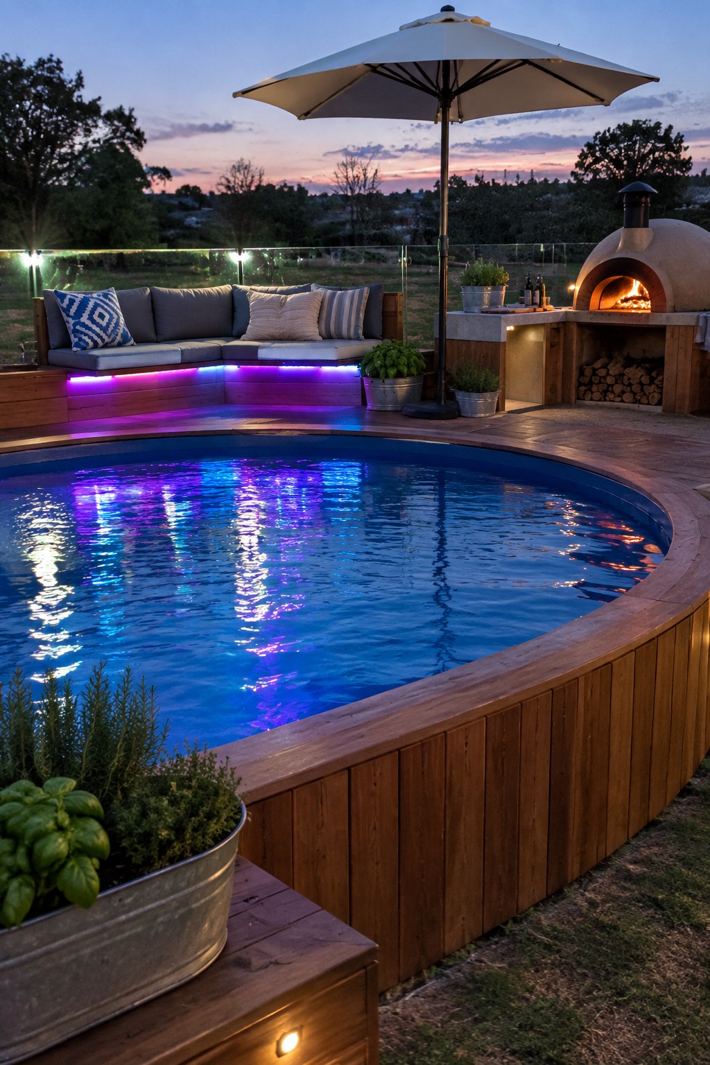 Illuminated round pool with purple LEDs, umbrella, and flaming pizza oven on wooden deck at dusk