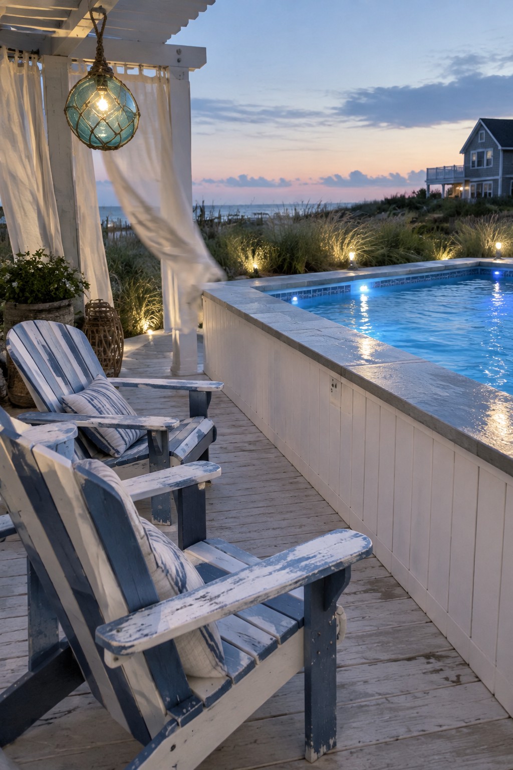 An above-ground pool with bright blue underwater lighting beside a wooden deck with two Adirondack chairs at dusk.