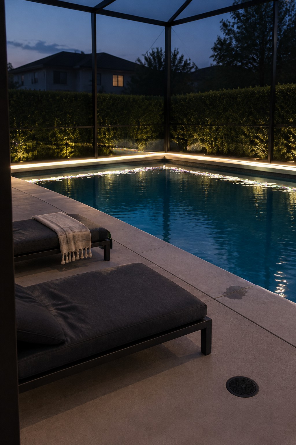 A rectangular pool at dusk with illuminated LED strips along the perimeter edge, two dark lounge chairs on the concrete deck, and glass walls overlooking hedges and neighboring houses.