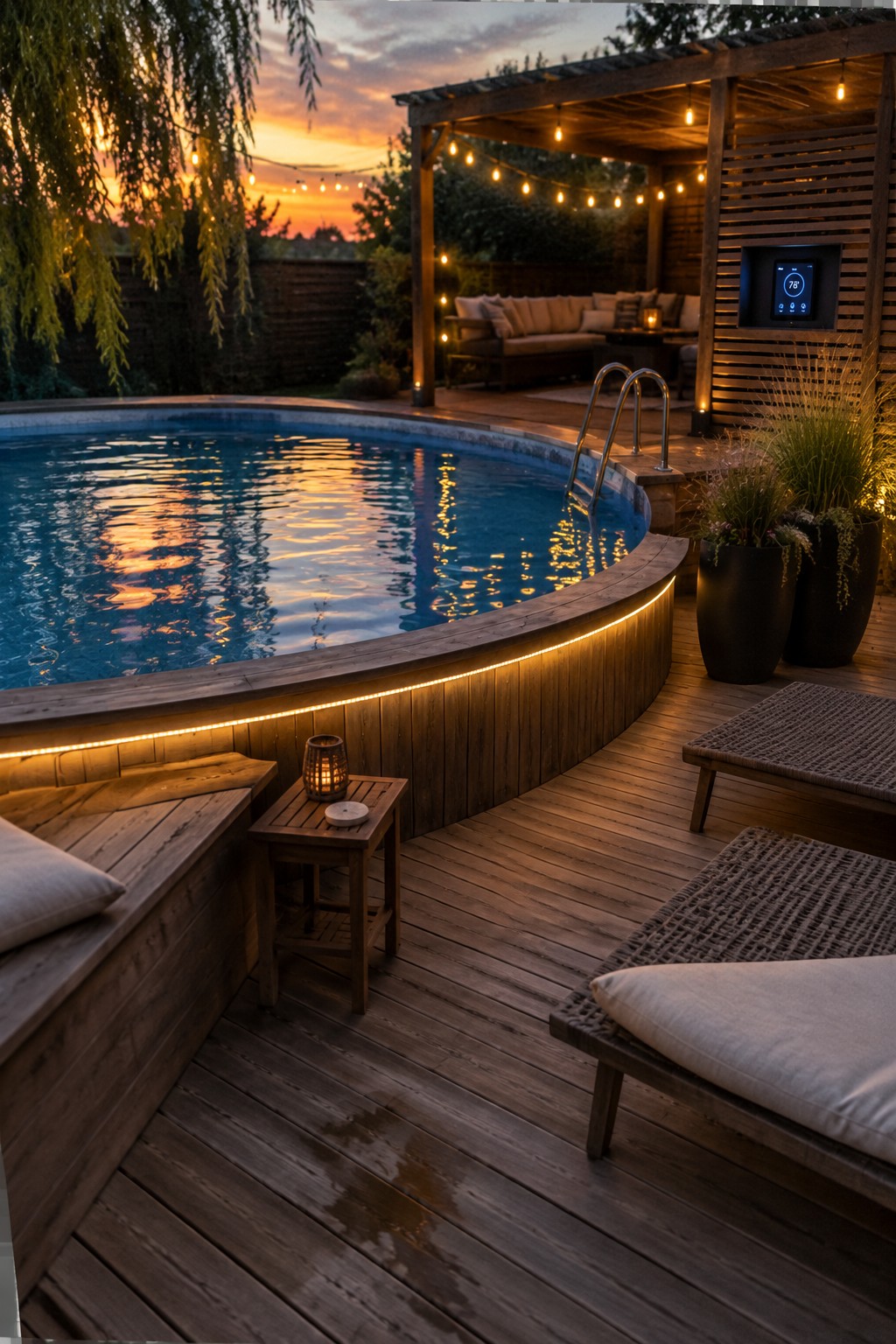 Twilight scene of glowing pool on wooden deck with string lights and lounge chairs