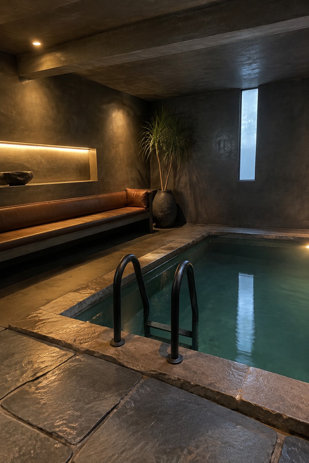 18 Smart Small Indoor Pool Ideas for Space-Efficient Home Layouts A small indoor pool with dark stone walls, a brown leather bench along the left side, and black metal handrails leading into the water.