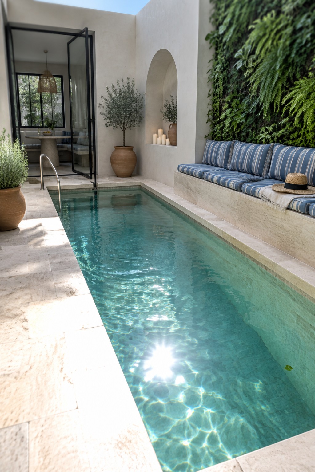 18 Smart Small Indoor Pool Ideas for Space-Efficient Home Layouts A narrow rectangular pool with turquoise water sits in a light stone courtyard, featuring a built-in bench with blue striped cushions along one side and open glass doors revealing an indoor dining area.