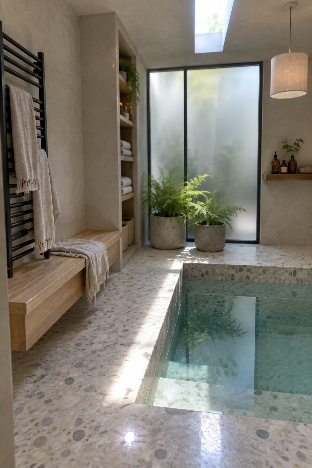 18 Smart Small Indoor Pool Ideas for Space-Efficient Home Layouts Small indoor plunge pool with terrazzo surround, wooden built-in bench holding folded towels, black towel warmer, potted ferns, and large window with frosted glass.