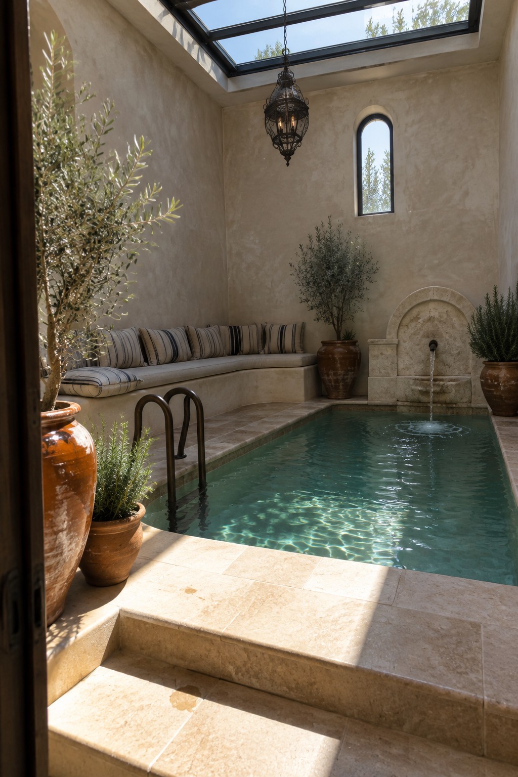18 Smart Small Indoor Pool Ideas for Space-Efficient Home Layouts A compact indoor pool with built-in cushioned bench seating along one wall, terracotta pots, and a stone fountain under a skylight.