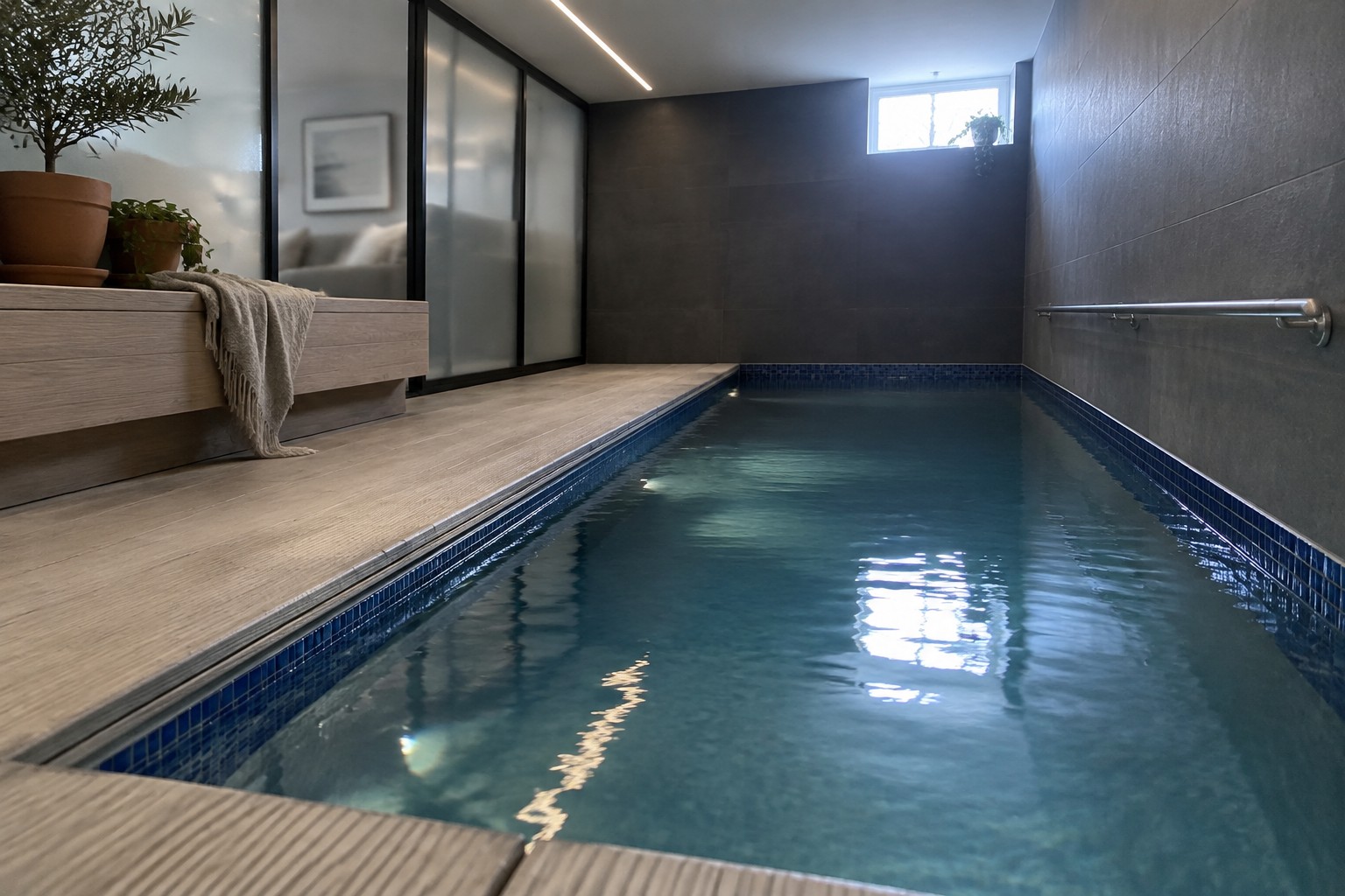 An indoor lap pool with blue tile borders runs parallel to a light wood deck platform with a metal ladder and potted plants at the far end.
