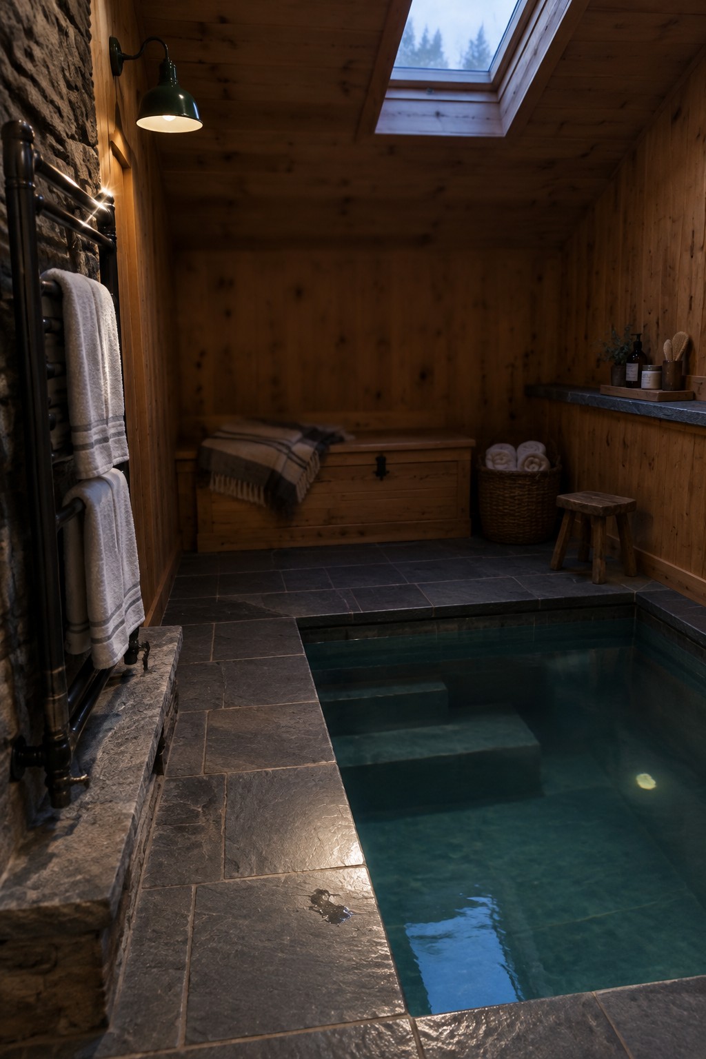 18 Smart Small Indoor Pool Ideas for Space-Efficient Home Layouts A compact indoor pool with built-in steps in a wood-paneled room with stone tile flooring, a skylight above, and towels hanging on a wall rack.