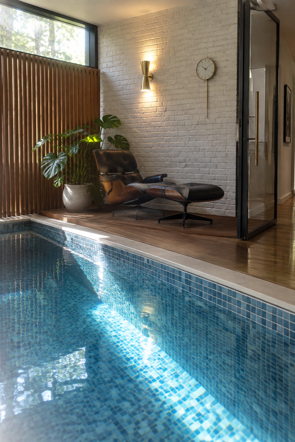 18 Smart Small Indoor Pool Ideas for Space-Efficient Home Layouts An indoor pool with blue mosaic tiles sits beside a raised wooden deck with a lounge chair against a white brick wall.