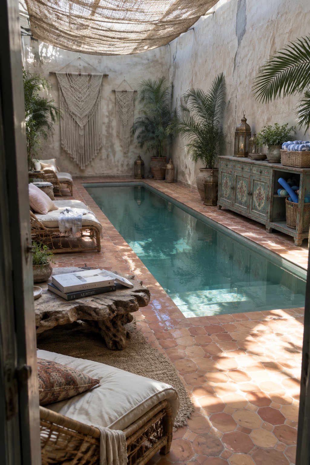 18 Smart Small Indoor Pool Ideas for Space-Efficient Home Layouts A long narrow pool in an enclosed courtyard with lounge chairs along both sides, potted palms, macrame hangings on the walls, and terracotta tile flooring.