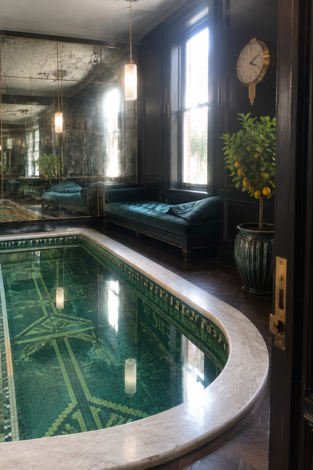 18 Smart Small Indoor Pool Ideas for Space-Efficient Home Layouts An indoor pool with green mosaic tiles sits in a dark-walled room featuring a large mirrored wall on the left, a teal daybed under the windows, and a potted lemon tree on the right.