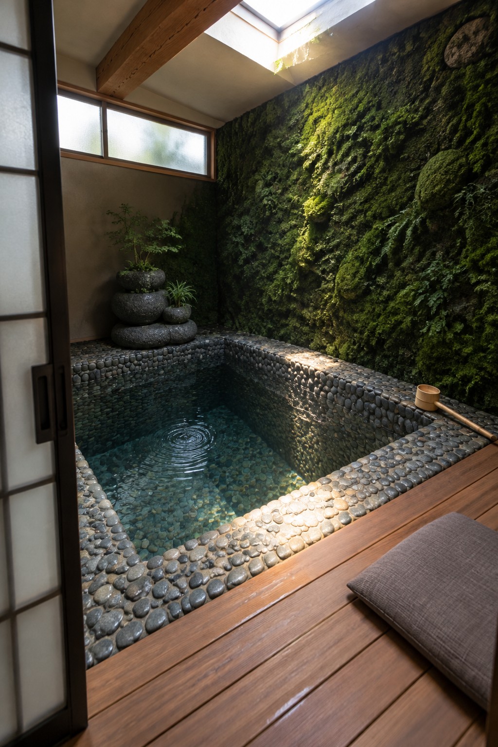 18 Smart Small Indoor Pool Ideas for Space-Efficient Home Layouts A rectangular indoor soaking pool edged with smooth pebbles sits in front of a tall green moss wall inside a wood-floored room with a skylight.