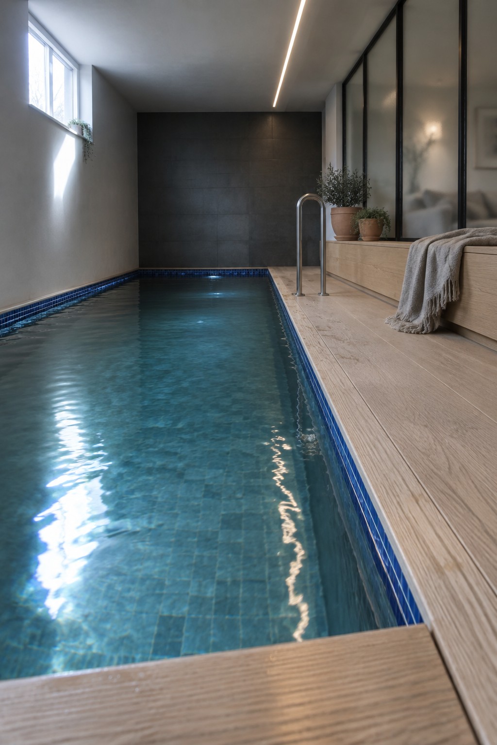18 Smart Small Indoor Pool Ideas for Space-Efficient Home Layouts An indoor lap pool with blue tile borders runs parallel to a light wood deck platform with a metal ladder and potted plants at the far end.