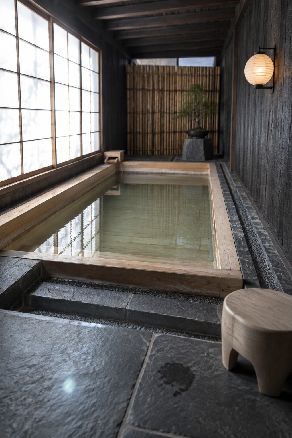 18 Smart Small Indoor Pool Ideas for Space-Efficient Home Layouts Wooden Japanese soaking tub in dim bathhouse with stone steps, lantern and bonsai.
