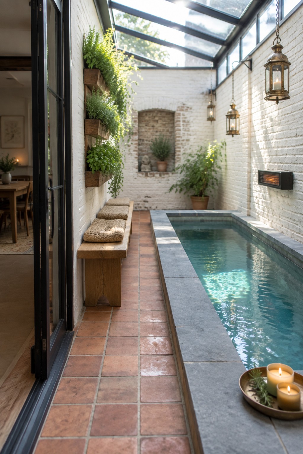 18 Smart Small Indoor Pool Ideas for Space-Efficient Home Layouts Sunlit courtyard pool with wooden bench, hanging lanterns, candles, and vertical garden on brick wall.