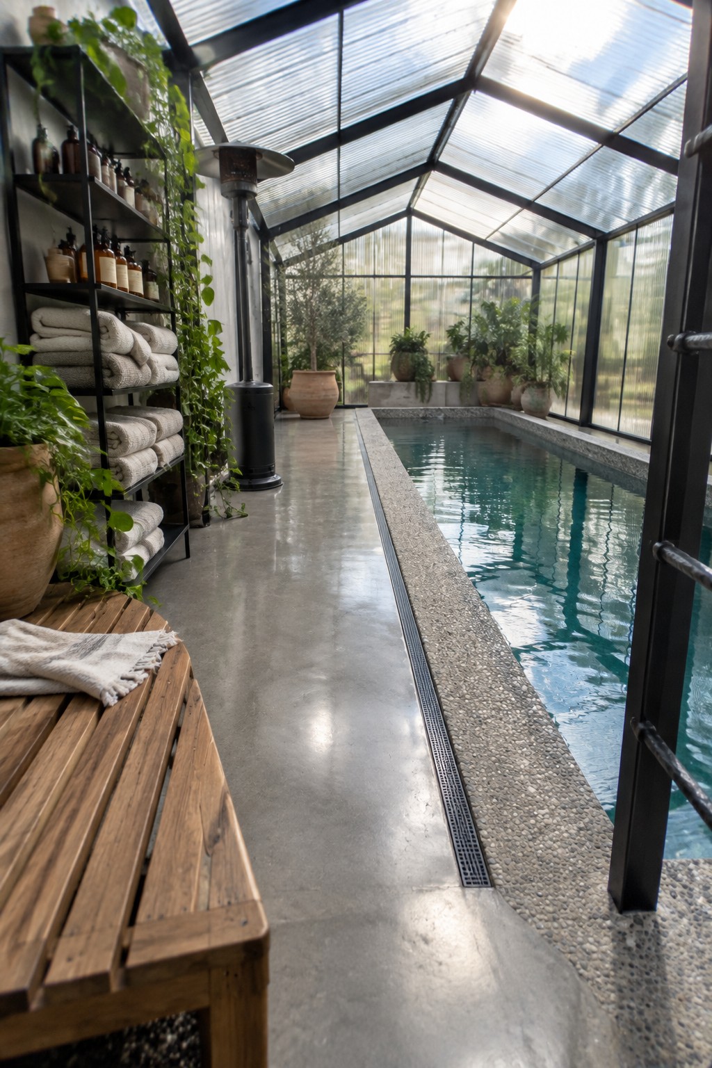 18 Smart Small Indoor Pool Ideas for Space-Efficient Home Layouts A narrow indoor pool runs along the right side of a glass-enclosed room with concrete flooring, a wooden bench in the foreground, and black shelving holding folded towels and bottles on the left wall.