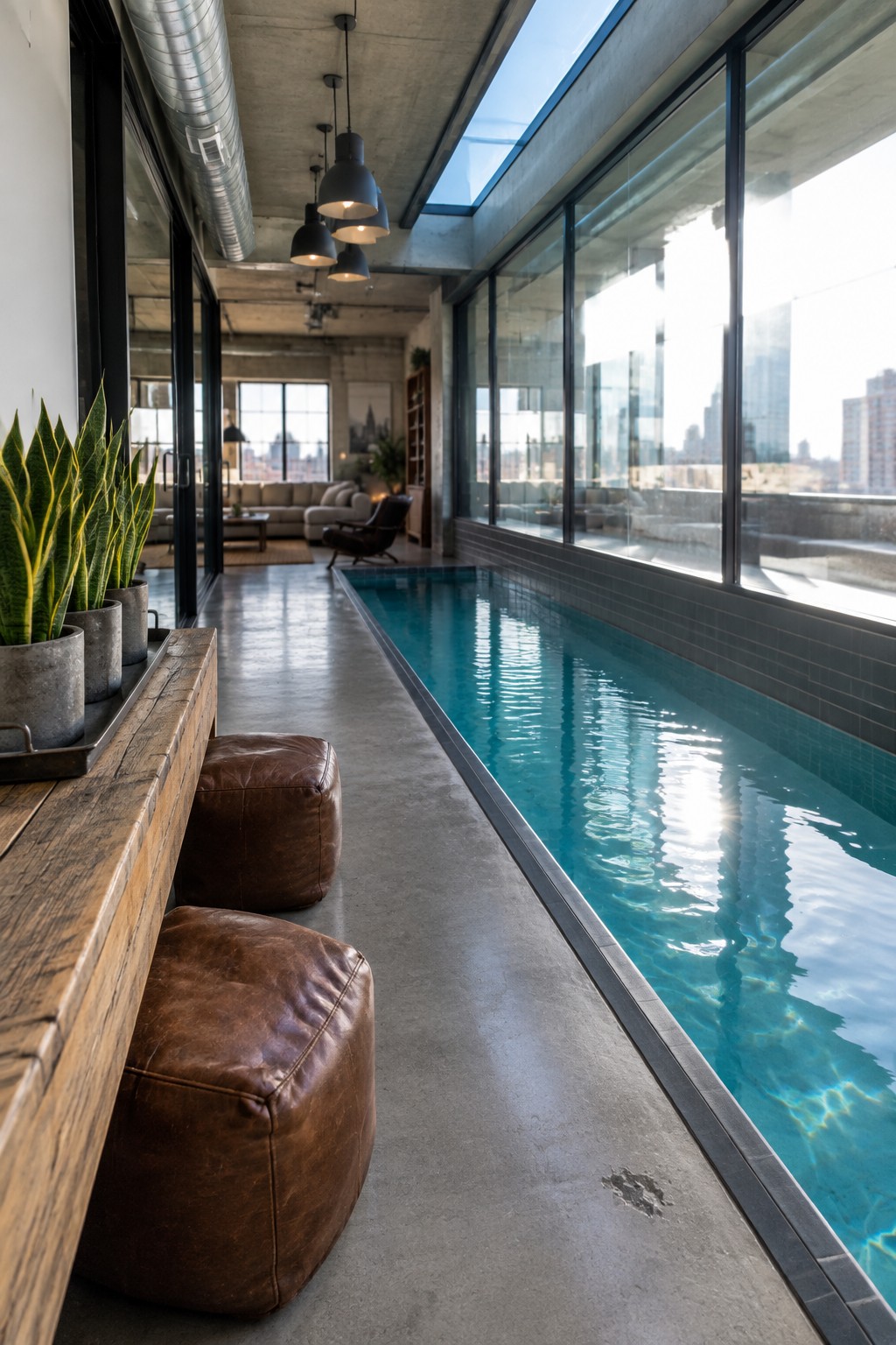 18 Smart Small Indoor Pool Ideas for Space-Efficient Home Layouts Modern loft with long indoor pool, large windows, leather poufs, and city views