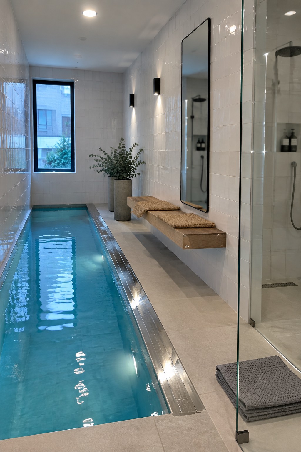 18 Smart Small Indoor Pool Ideas for Space-Efficient Home Layouts Modern indoor lap pool with turquoise water, wooden bench, towels and large mirror