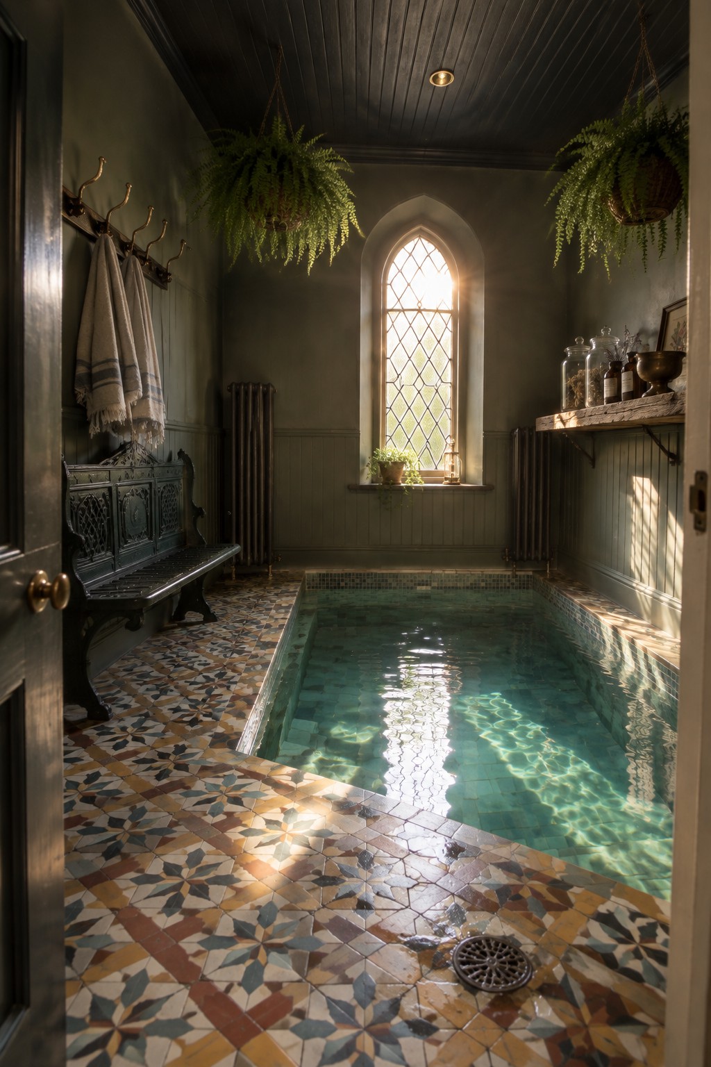 18 Smart Small Indoor Pool Ideas for Space-Efficient Home Layouts A narrow rectangular indoor pool set into colorful mosaic tile flooring inside a room with an arched window and a dark bench along the left wall.