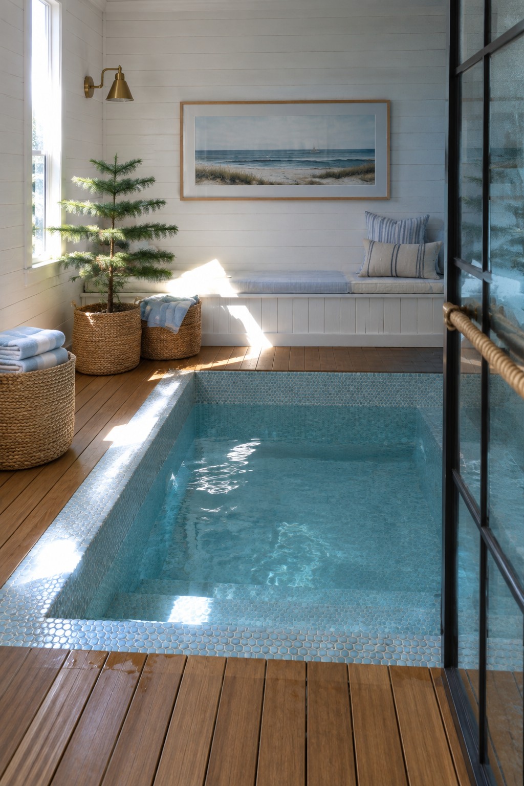 18 Smart Small Indoor Pool Ideas for Space-Efficient Home Layouts A rectangular indoor plunge pool with light blue mosaic tiles is set into a wood floor in a white-walled room with a window on the left and a built-in bench with striped cushions along the back wall.