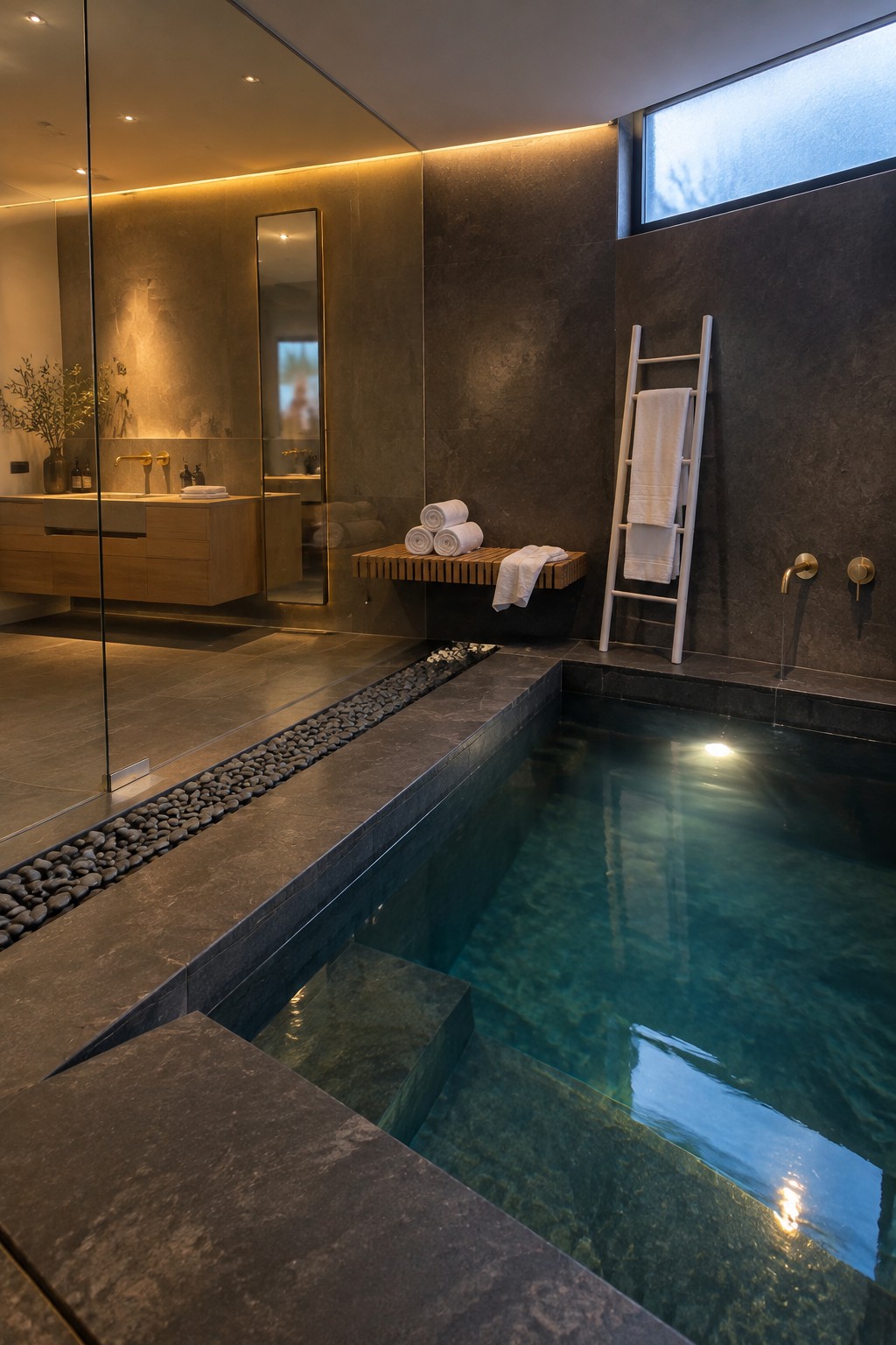 18 Smart Small Indoor Pool Ideas for Space-Efficient Home Layouts Luxurious dark stone spa with indoor plunge pool, wooden bench, towels, and ladder