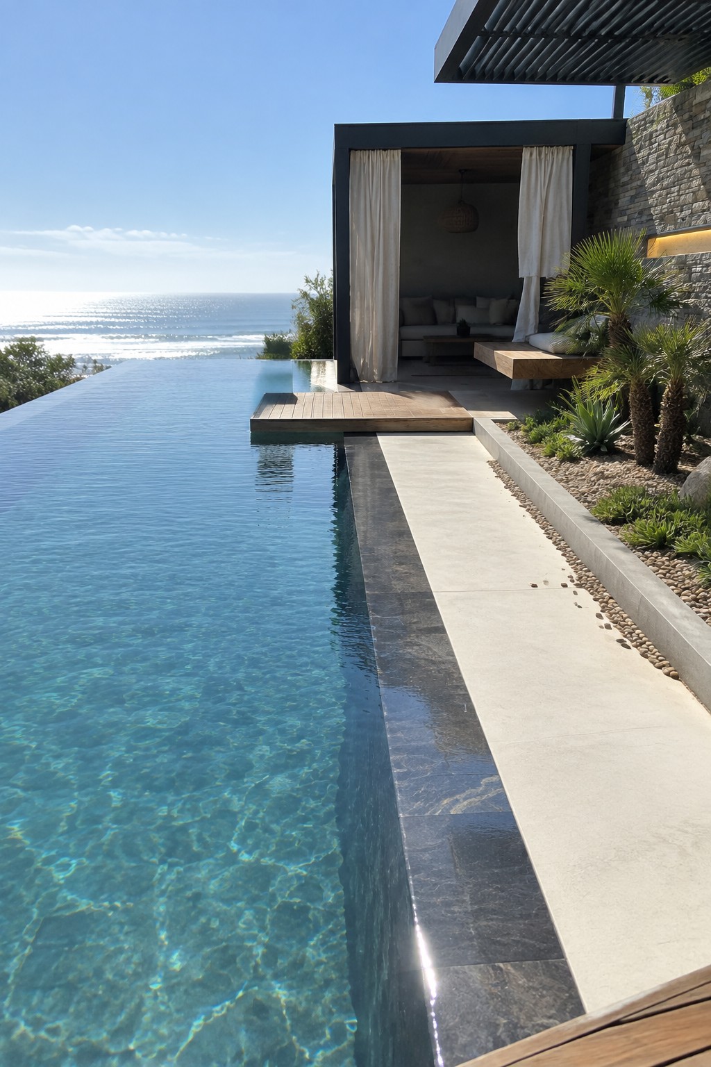 18 Stunning Backyard Infinity Pool Ideas With Modern Outdoor Layouts A modern infinity pool with a dark-framed covered pavilion featuring white curtains and seating, positioned beside a stone wall and overlooking the ocean.