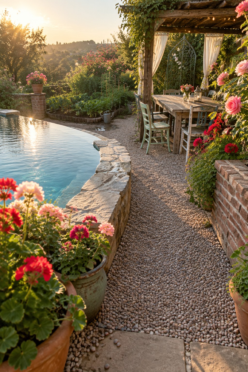 18 Stunning Backyard Infinity Pool Ideas With Modern Outdoor Layouts A curved infinity pool with stone coping borders a gravel path that leads to a wooden pergola with a dining table and chairs, surrounded by potted flowers and climbing roses.