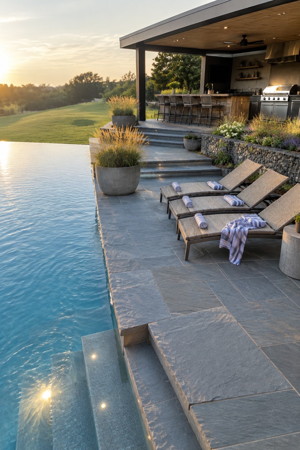 18 Stunning Backyard Infinity Pool Ideas With Modern Outdoor Layouts Luxurious infinity pool with lounge chairs on stone deck beside modern outdoor kitchen at sunset