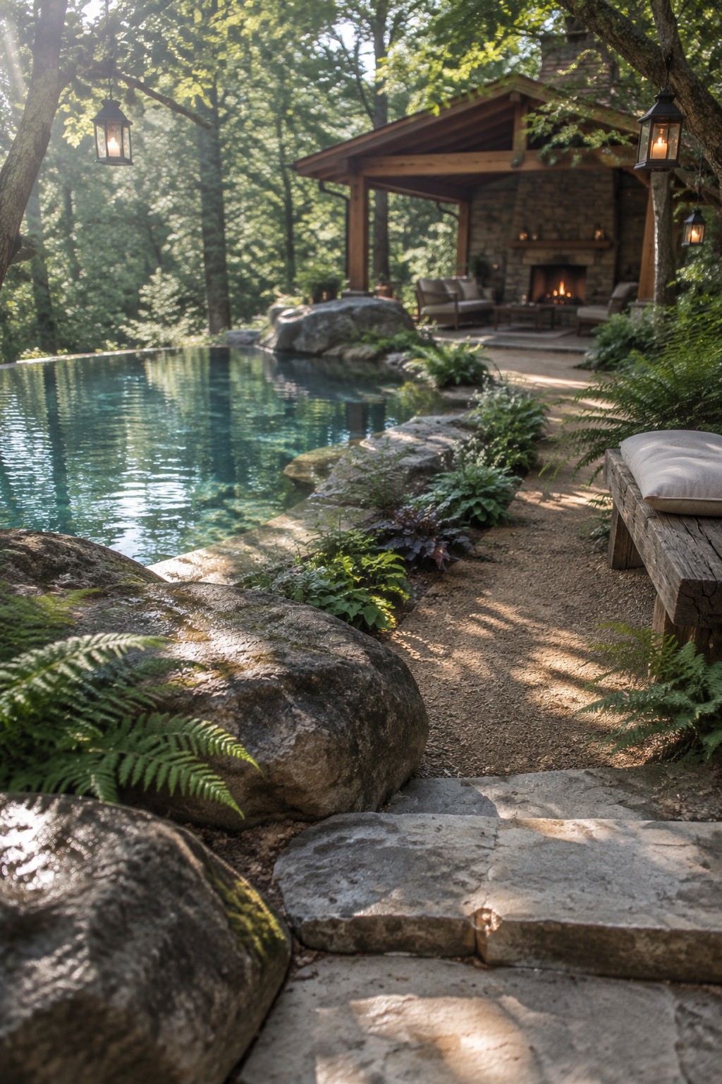 18 Stunning Backyard Infinity Pool Ideas With Modern Outdoor Layouts An infinity pool bordered by large mossy boulders and ferns leads along a stone path to a covered wooden pavilion with a stone fireplace in a wooded backyard.