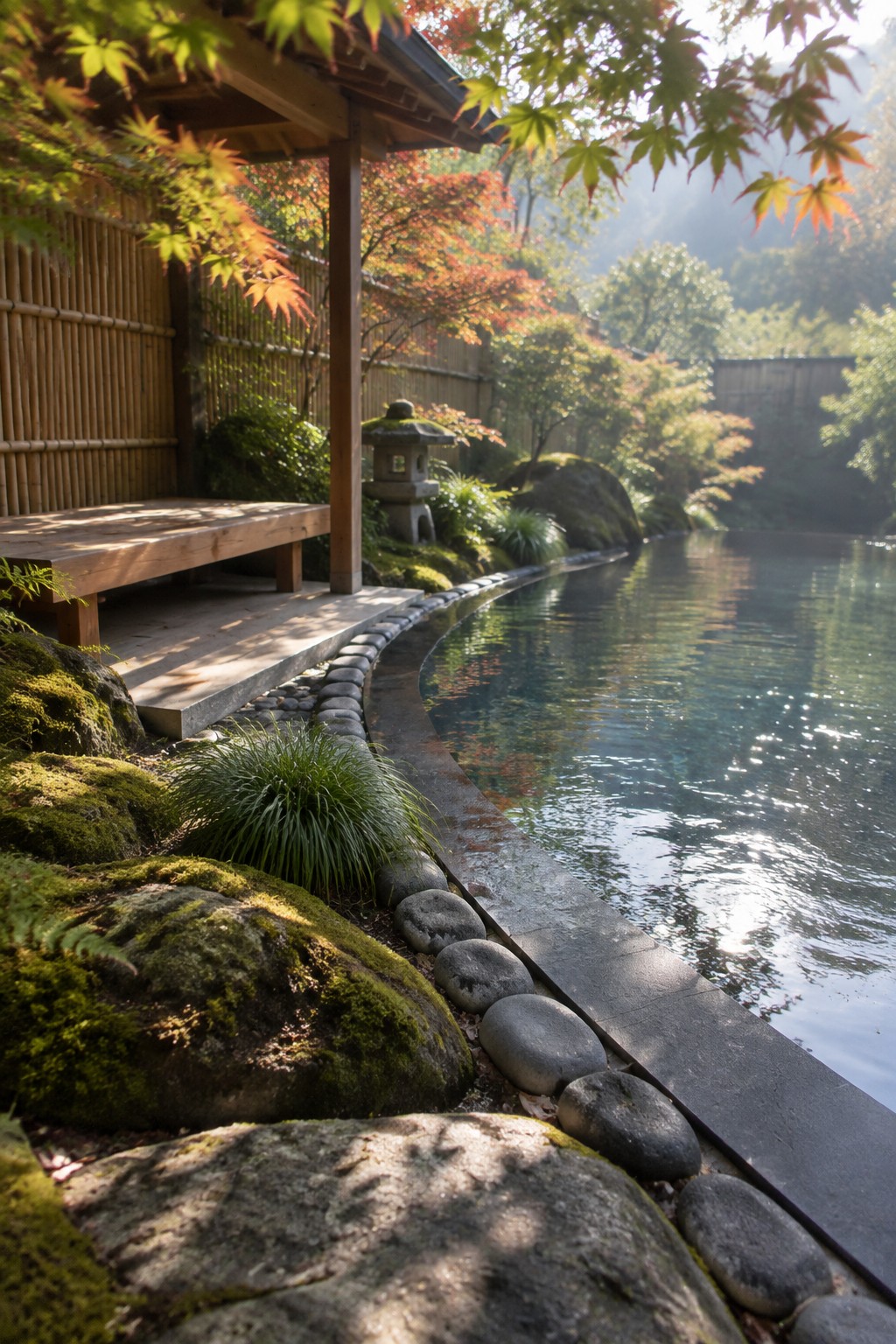 18 Stunning Backyard Infinity Pool Ideas With Modern Outdoor Layouts A backyard pool with a curved edge lined by smooth gray stones, next to a wooden bench under a covered structure surrounded by moss-covered rocks and autumn trees.