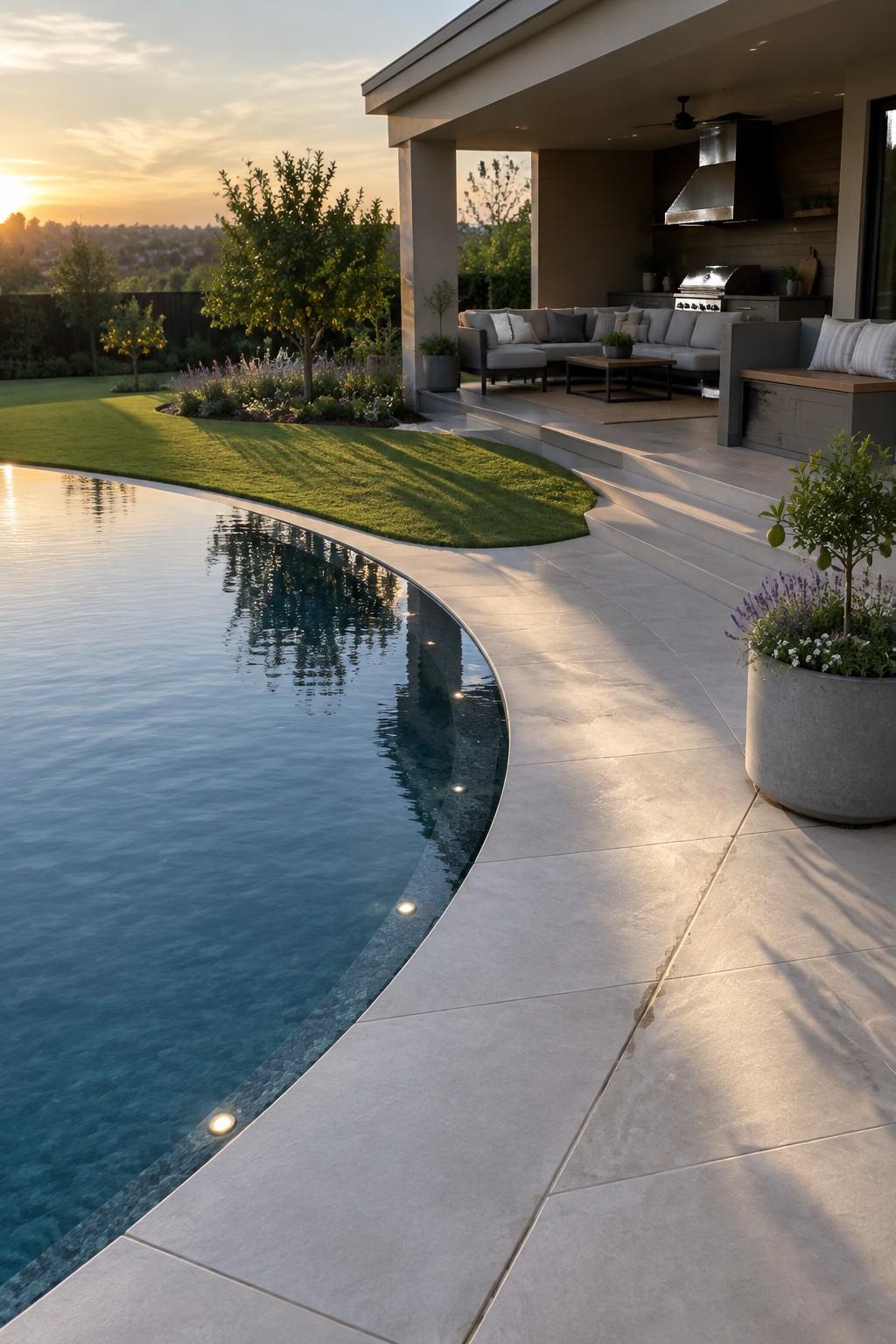 18 Stunning Backyard Infinity Pool Ideas With Modern Outdoor Layouts Modern infinity pool with stone patio, outdoor kitchen, and seating at sunset