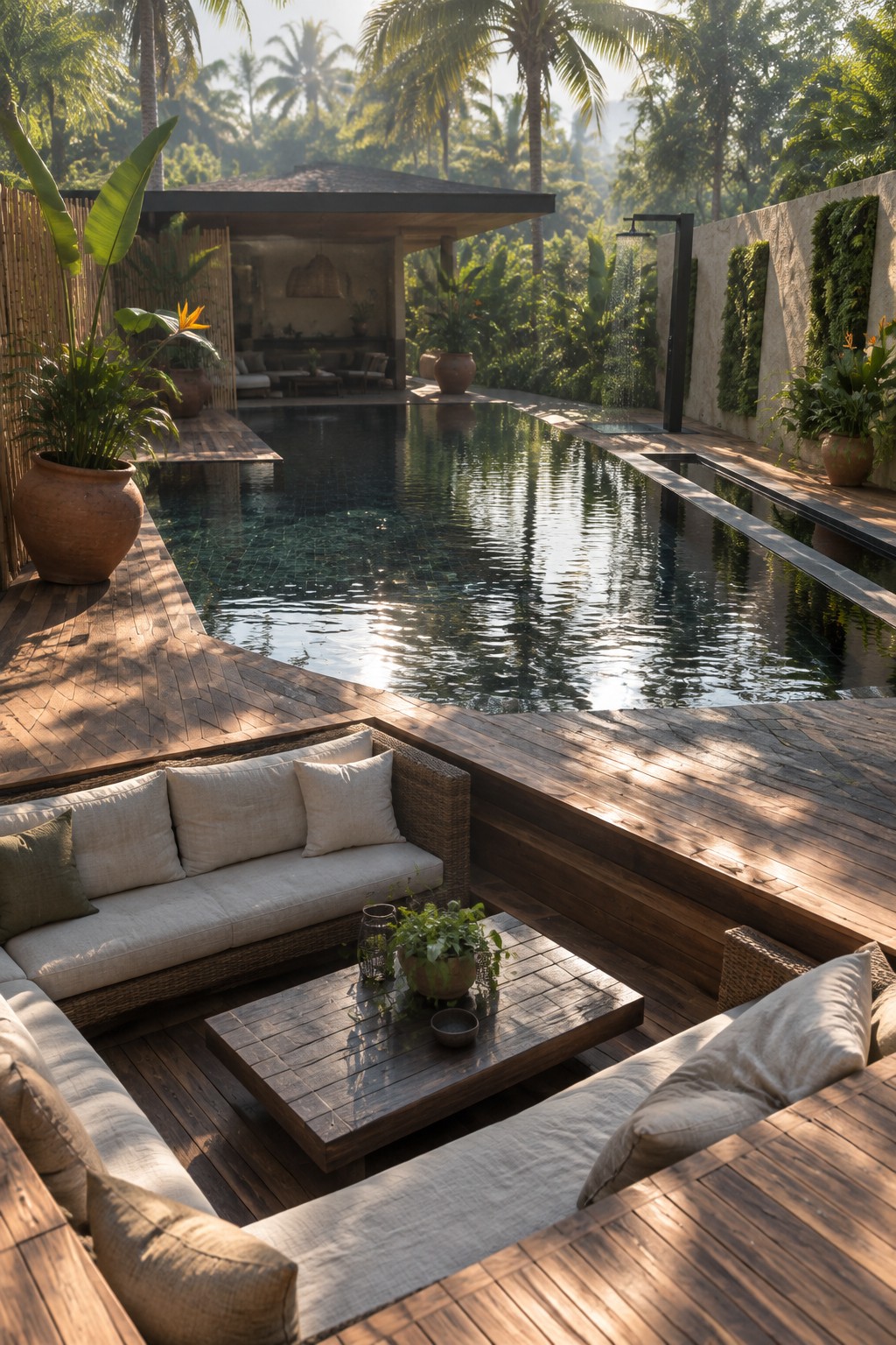 18 Stunning Backyard Infinity Pool Ideas With Modern Outdoor Layouts A modern backyard infinity pool surrounded by wooden decking with built-in lounge seating, cushions, a low table, and tropical landscaping in the background.