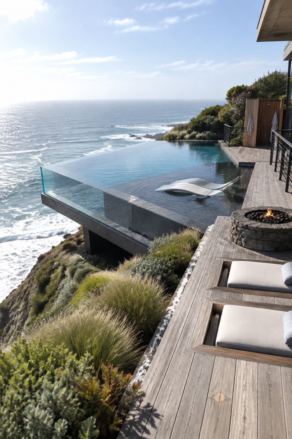 18 Stunning Backyard Infinity Pool Ideas With Modern Outdoor Layouts A modern infinity pool with a glass edge cantilevered over a cliff, next to a wooden deck with a stone fire pit and built-in lounge chairs overlooking the ocean.